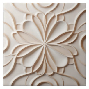 Faux Relief Pastel Beige & White Abstract Floral Ceramic Tile