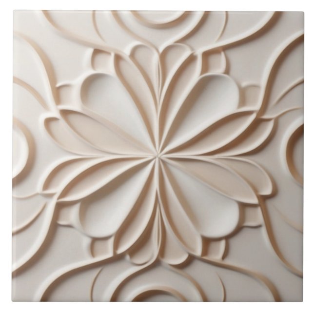 Faux Relief Pastel Beige & White Abstract Floral Ceramic Tile (Front)
