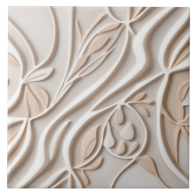 Faux Relief Pastel Beige & White Modern Abstract Ceramic Tile (Front)
