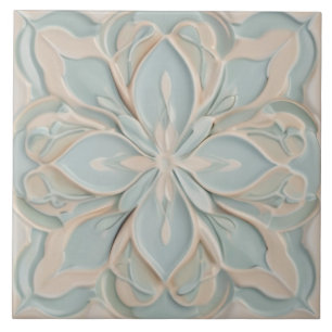 Faux Relief Pastel Mint Blue & White Floral Ceramic Tile