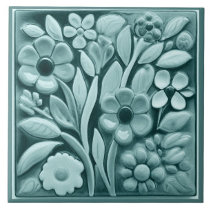 Faux Relief Turquoise Teal Floral Flowers Ceramic Tile