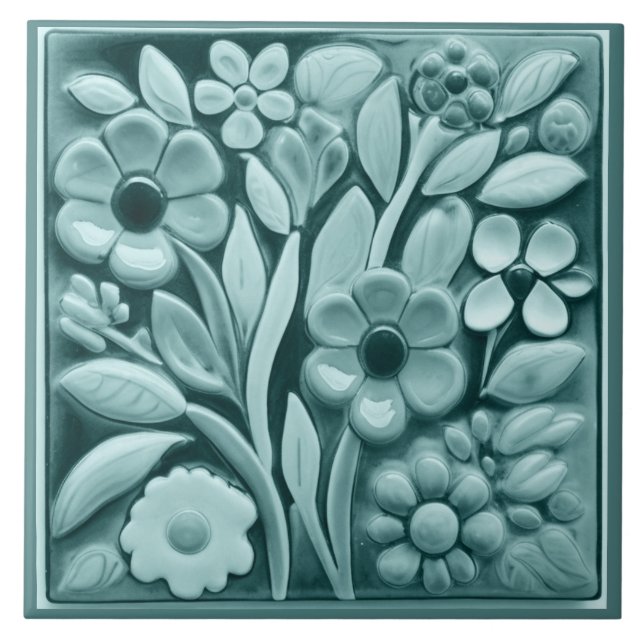 Faux Relief Turquoise Teal Floral Flowers Ceramic Tile (Front)