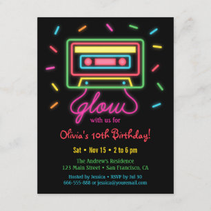 Faux Retro Cassette Neon Glow Birthday Party Invitation