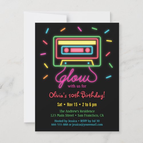 Faux Retro Cassette Neon Glow Birthday Party Invitation