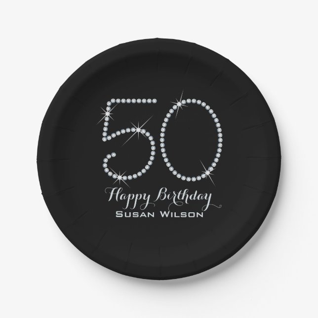 Faux Rhinestone 50th Birthday Paper Plates (Front)