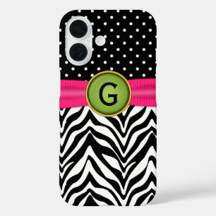 Faux Ribbon Jewel Zebra Dot Pattern Monogram iPhone 16 Case