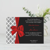 FAUX ribbon red damask wedding invitation (Standing Front)