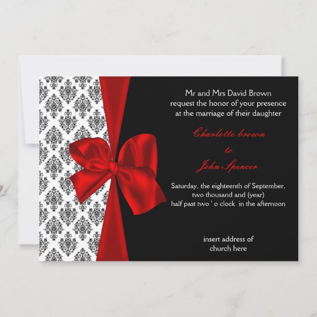 FAUX ribbon red damask wedding invitation (Front)