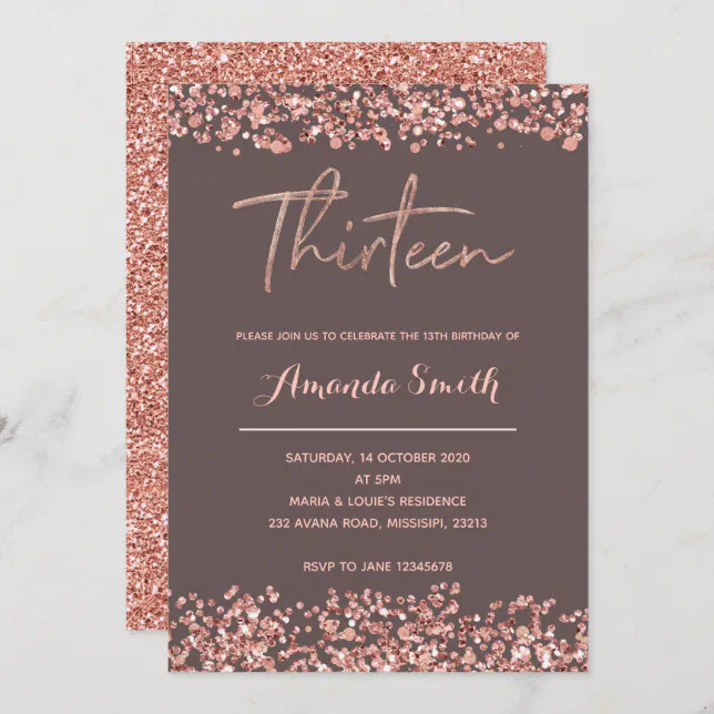 Faux Rose gold 13th Birthday Invitation | Zazzle