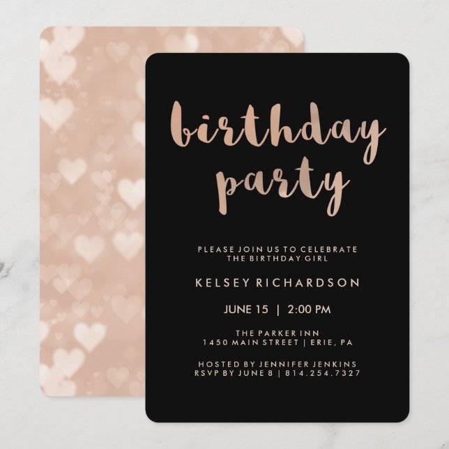 Faux Rose Gold and Black Birthday Party Invitation (Front/Back)
