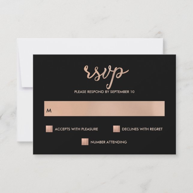 Faux Rose Gold and Black Bokeh Heart Wedding RSVP (Front)