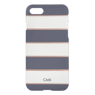 Faux Rose Gold and Dark Blue Stripes with Monogram iPhone SE/8/7 Case