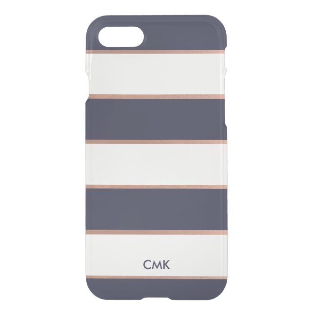 Faux Rose Gold and Dark Blue Stripes with Monogram Uncommon iPhone Case (Back)