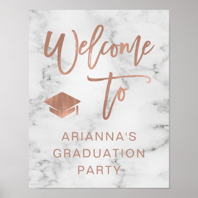 Faux Rose Gold and Marble | Grad Party Welcome Poster (Front)