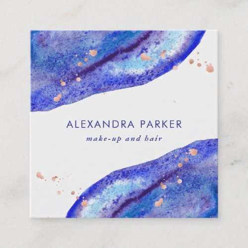 Faux Rose Gold and Watercolor Blue Geode  Square Square Business Card
