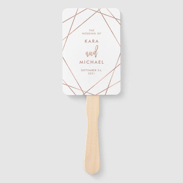 Faux Rose Gold and White | Geometric Wedding Hand Fan (Front)