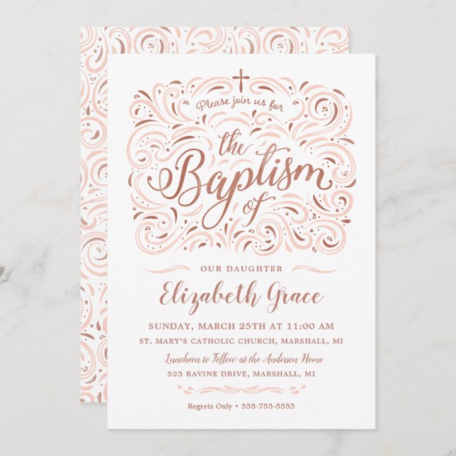 Faux Rose Gold Baptism Invitation (Front/Back)