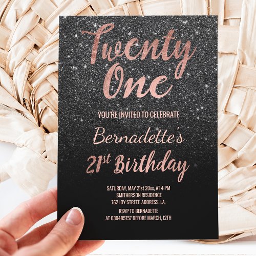 Faux rose gold black faux glitter 21st Birthday Invitation