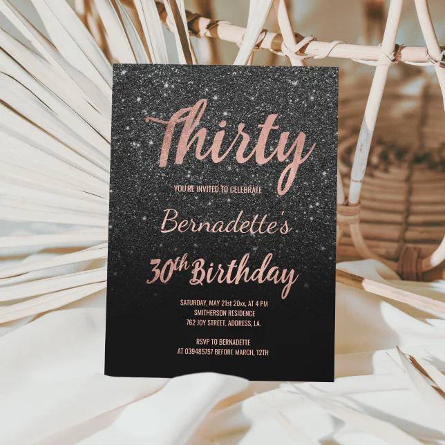 Faux Rose Gold Black Glitter 30th Birthday Invitation Zazzle