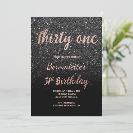 Faux rose gold black glitter 31st Birthday Invitation | Zazzle