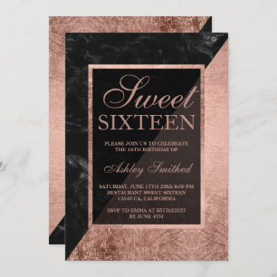 Faux rose gold black marble color block Sweet 16 Invitation