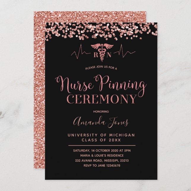 FAUX ROSE GOLD Black Nurse Pinning Ceremony Invitation (Front/Back)