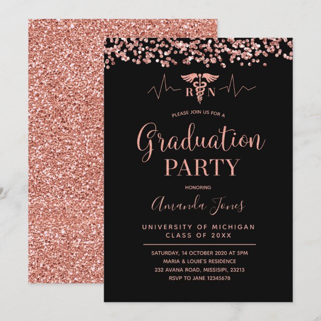 FAUX ROSE GOLD Black RN Nurse Graduation Party Invitation (Front/Back)