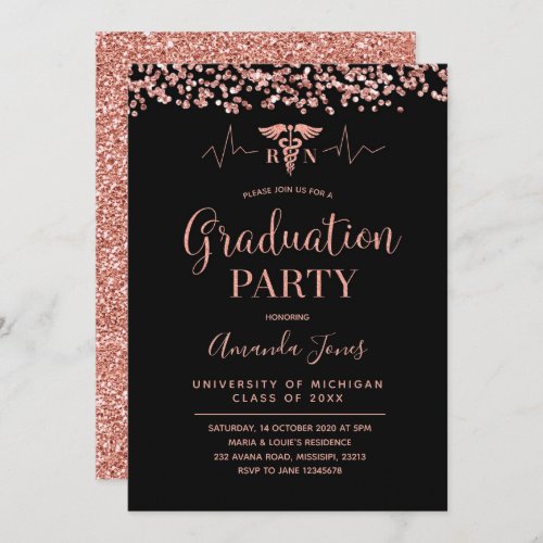 FAUX ROSE GOLD Black RN Nurse Graduation Party Invitation