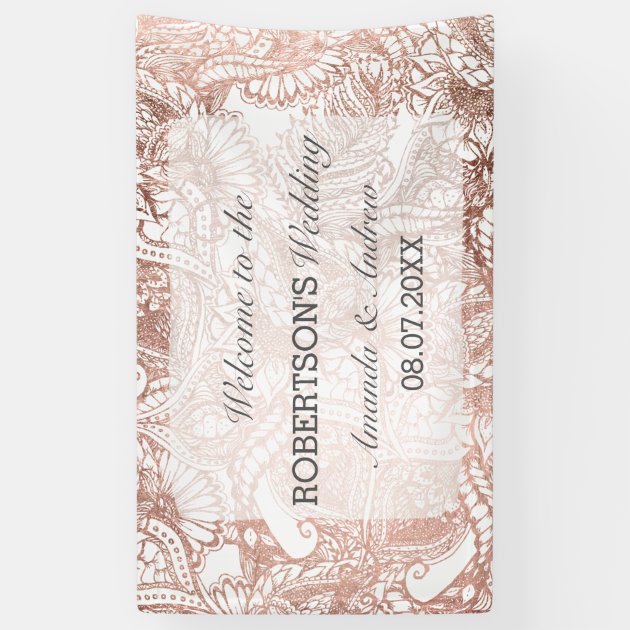 Faux Rose Gold Boho Floral Handdrawn Wedding Banner