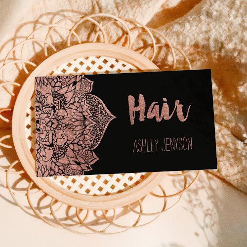 Faux rose gold boho floral mandala hair typography business card