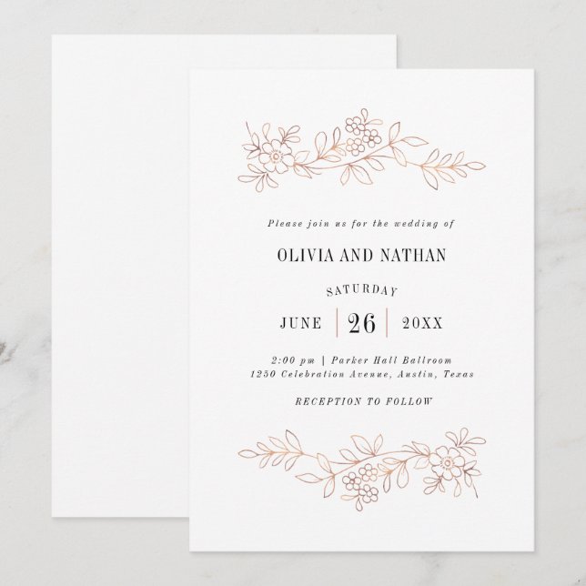 Faux Rose Gold Botanical Line Drawings | Wedding Invitation (Front/Back)