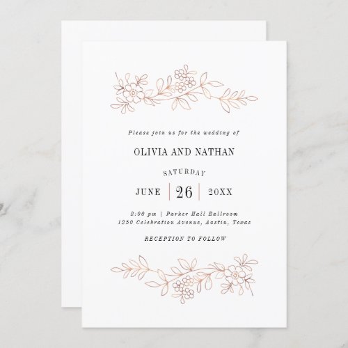 Faux Rose Gold Botanical Line Drawings  Wedding Invitation