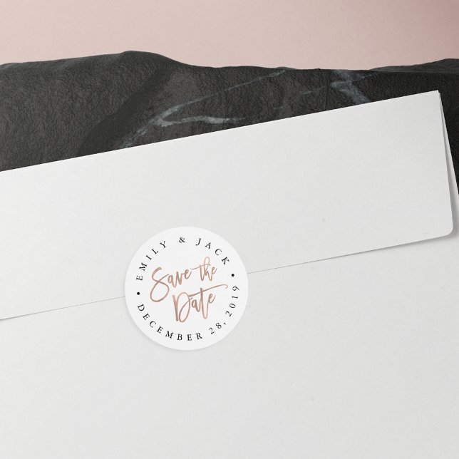 Faux Rose Gold Brush Lettered Save the Date Classic Round Sticker (Creator Uploaded)