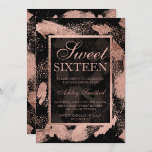 Faux rose gold brushstrokes splatter chic Sweet 16 Invitation