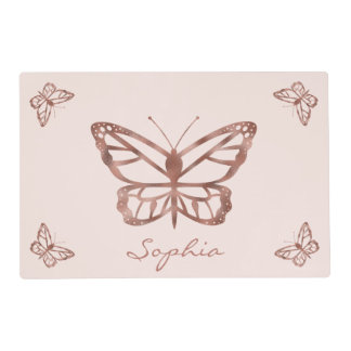 Faux Rose Gold Butterflies On Blush Pink &amp; Name Placemat