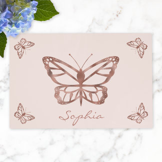 Faux Rose Gold Butterflies On Blush Pink & Name Placemat