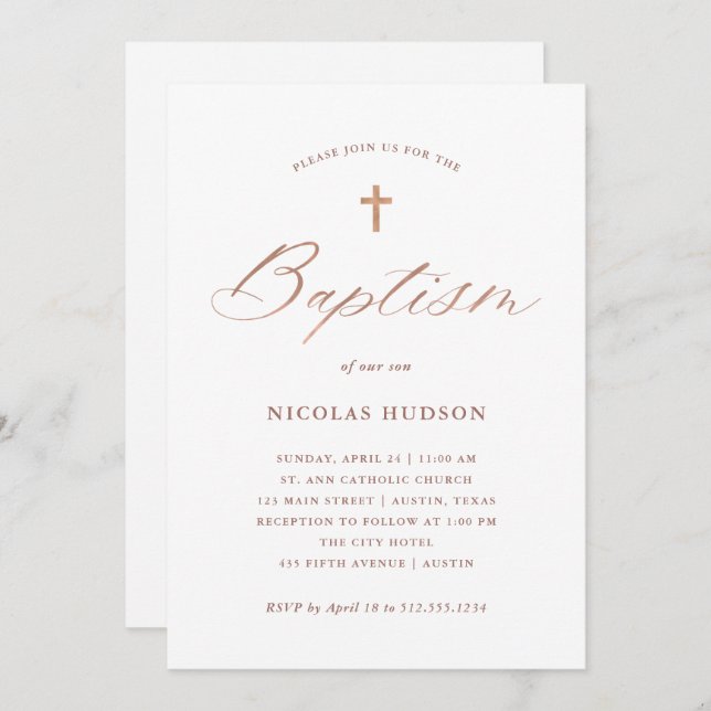 Faux Rose Gold Calligraphy and Cross | Baptism Invitation (Front/Back)
