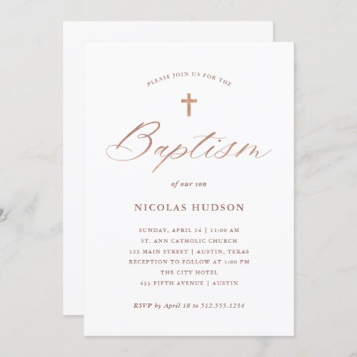 Faux Rose Gold Calligraphy and Cross  Baptism Invitation