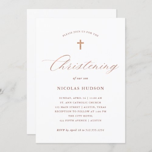 Faux Rose Gold Calligraphy and Cross  Christening Invitation
