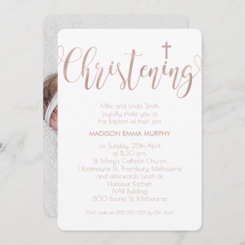 Faux Rose Gold Calligraphy Christening Invitation
