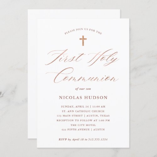 Faux Rose Gold Calligraphy  First Holy Communion Invitation