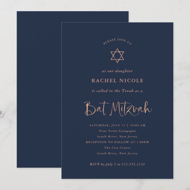 Faux Rose Gold Calligraphy on Navy | Bat Mitzvah Invitation (Front/Back)