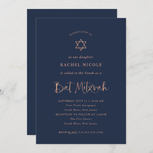 Faux Rose Gold Calligraphy on Navy Bat Mitzvah Invitation