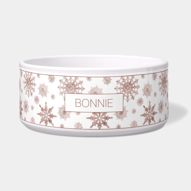 Faux Rose Gold Color Looking Snowflakes & Name Bowl (Front)