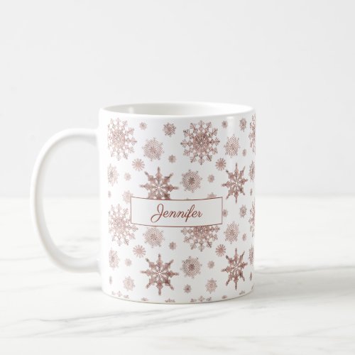 Faux Rose Gold Color Looking Snowflakes  Name Coffee Mug