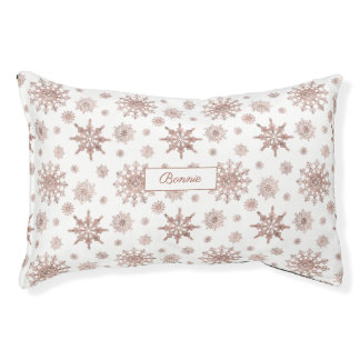 Faux Rose Gold Color Looking Snowflakes &amp; Name Pet Bed