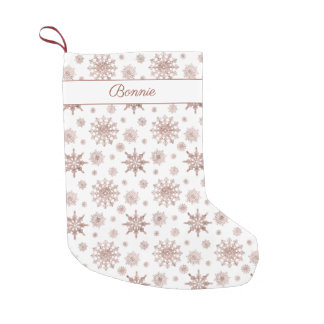 Faux Rose Gold Color Looking Snowflakes &amp; Name Small Christmas Stocking