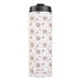 Faux Rose Gold Color Looking Snowflakes &amp; Name Thermal Tumbler