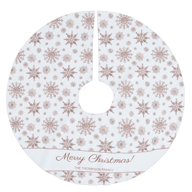 Faux Rose Gold Color Looking Snowflakes & Text Brushed Polyester Tree Skirt (Front)
