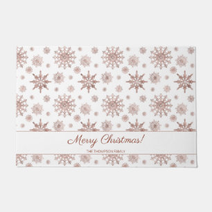 Faux Rose Gold Color Looking Snowflakes & Text Doormat